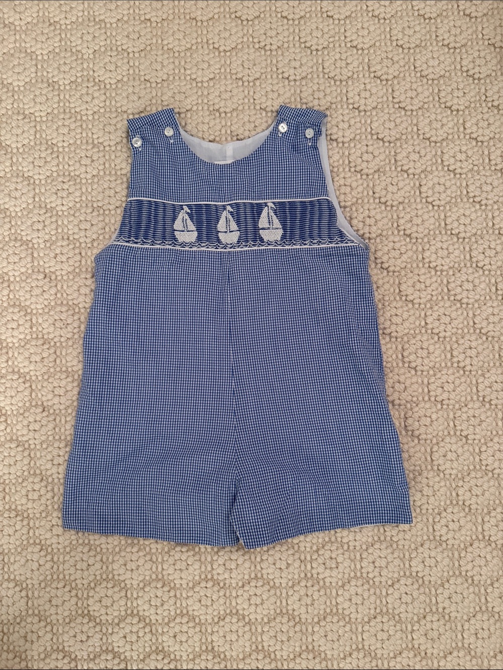 Toddler Blue Gingham Sailboat Smocked Shortall